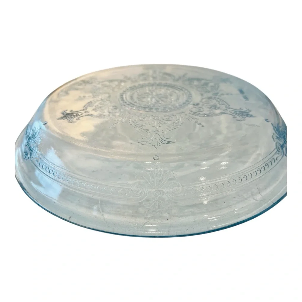 Vintage Fire-King Clear Glass 9” Pie Plate Ornate Scroll Medallion 1940s